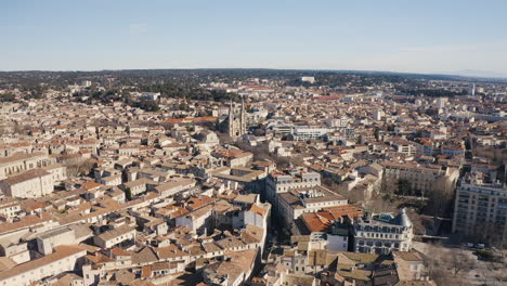 Aerial-view-over-the-city-of-Nimes-during-winter-sunny-day